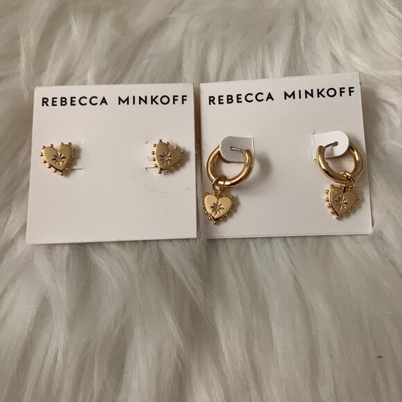 REBECCA MINKOFF Studded Heart Stud and Huggies Earrings SET in Gold - Picture 1 of 3